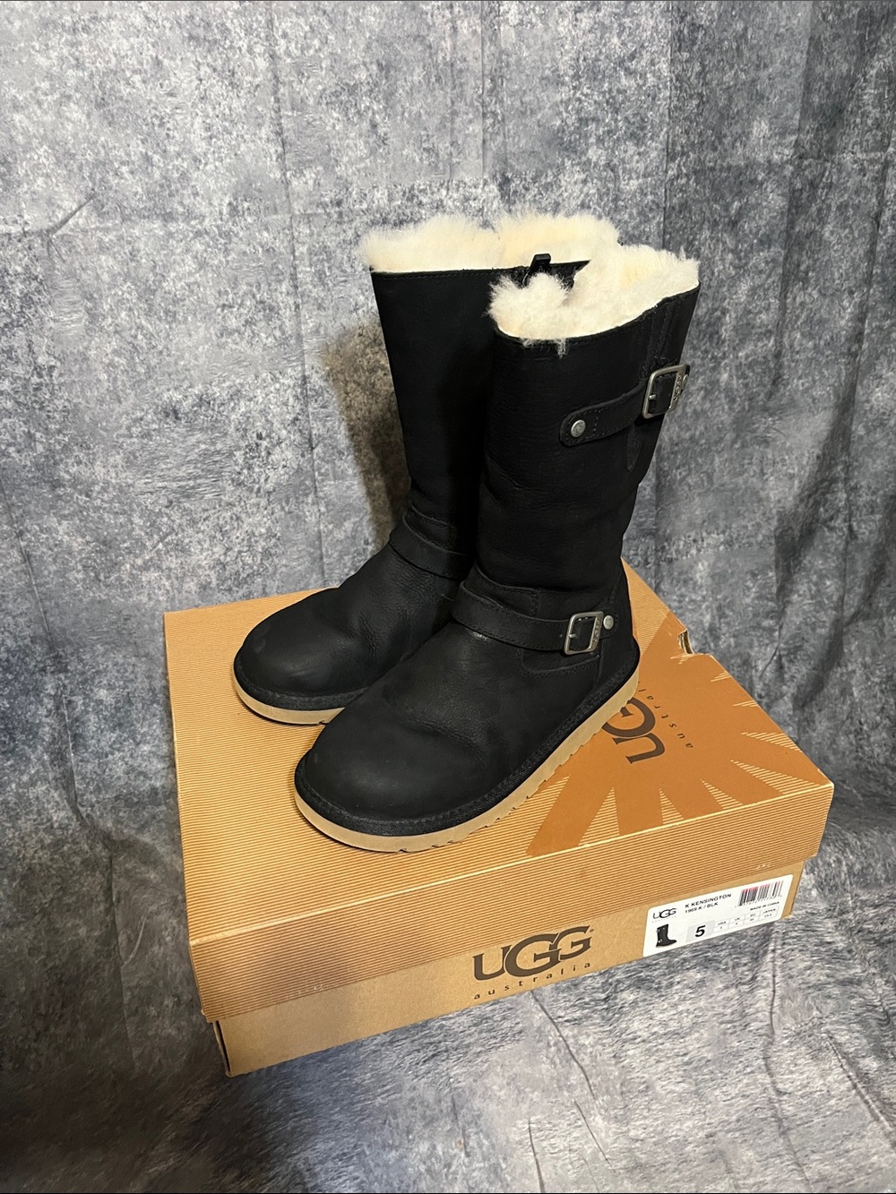 UGG Black Shearling-Lined Mid-Calf Buckle Boots with extra insoles